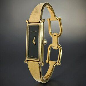Gucci Bangle Wristwatch 1500 Gold-Plate Swiss Black Dial Watch Bracelet Horsebit